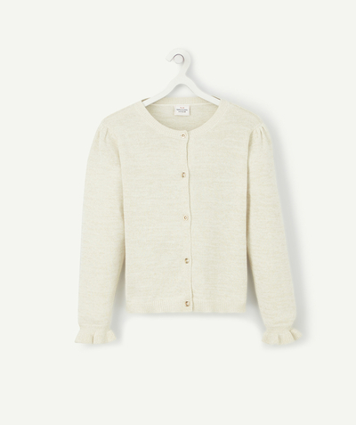 Pullover - Cardigan Nouvelle Arbo   C - GIRLS' KNITTED CARDIGAN IN BEIGE AND GOLD COLOR WITH RUFFLES AT THE WRISTS