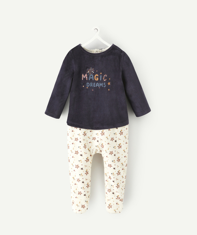 Outlet Tao Categories - CHRISTMAS SLEEPSUIT IN NAVY AND WHITE RECYCLED FIBERS VELVET PRINTED WITH STARS