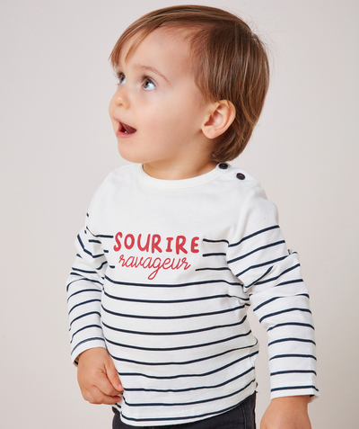 New collection Nouvelle Arbo   C - BABY BOYS' STRIPED T-SHIRT IN RECYCLED FIBERS WITH A MESSAGE IN RED