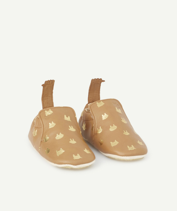 EASY PEASY ® Tao Categories - CAMEL LEATHER SLIPPERS WITH GOLD COLOR CAT PRINT
