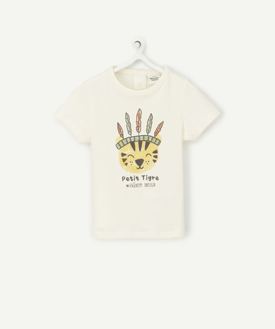 New collection Nouvelle Arbo   C - BABY BOYS' T-SHIRT IN CREAM RECYCLED FIBERS WITH AN INDIAN TIGER