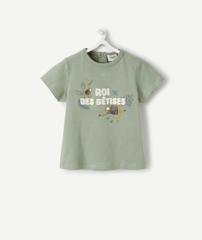 New collection Nouvelle Arbo   C - BABY BOYS' GREEN RECYCLED FIBERS T-SHIRT WITH A MESSAGE AND MONKEYS