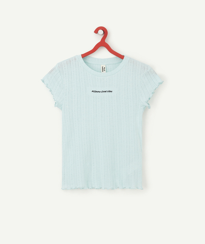 T-shirt - Shirt Nouvelle Arbo   C - GIRLS' OPENWORK T-SHIRT IN BLUE ORGANIC COTTON