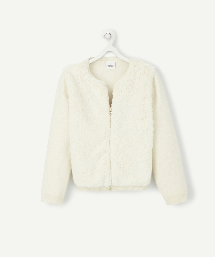 Pullover - Cardigan Nouvelle Arbo   C - GIRLS' CREAM FUR FABRIC ZIPPED JACKET IN TWO MATERIALS