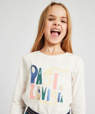 Private sales Tao Categories - GIRLS' T-SHIRT IN CREAM RECYCLED FIBRES WITH A PASTA MESSAGE AND SEQUINS