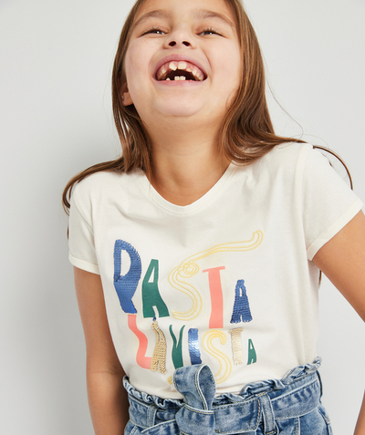 Girl Nouvelle Arbo   C - GIRLS' T-SHIRT IN CREAM RECYCLED FIBERS WITH A PASTA THEME AND SEQUINS