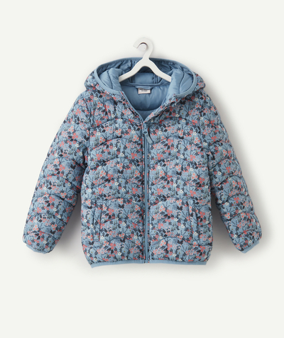Girl Nouvelle Arbo   C - GIRLS' PADDED JACKET IN RECYCLED PADDING, BLUE WITH A FLORAL PRINT