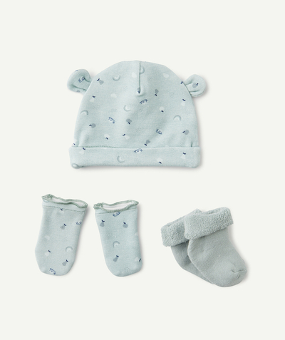 All accessories Nouvelle Arbo   C - GREEN NEWBORN HAT AND GLOVES AND SOCKS SET IN ORGANIC COTTON