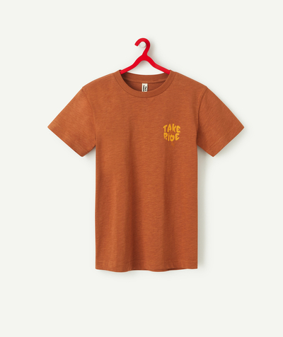 Tee-shirt, shirt, polo Tao Categories - BOYS' BROWN RECYCLED FIBERS T-SHIRT WITH A SURF THEME
