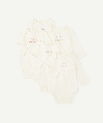 ECODESIGN Nouvelle Arbo   C - PACK OF FIVE WHITE ORGANIC COTTON BODYSUITS WITH A MESSAGE