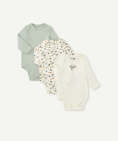 Baby boy Nouvelle Arbo   C - PACK OF THREE MONKEY-PRINT BODYSUITS IN WHITE AND GREEN ORGANIC COTTON