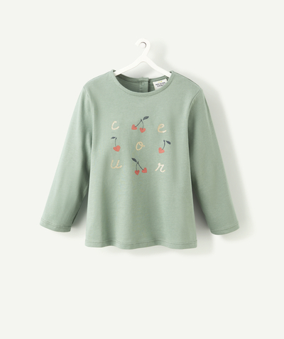 New colours palette Tao Categories - BABY GIRLS' T-SHIRT IN GREEN ORGANIC COTTON WITH A MESSAGE AND CHERRIES