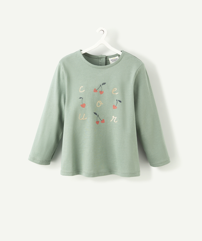 T-shirt - undershirt Tao Categories - BABY GIRLS' T-SHIRT IN GREEN ORGANIC COTTON WITH A MESSAGE AND CHERRIES