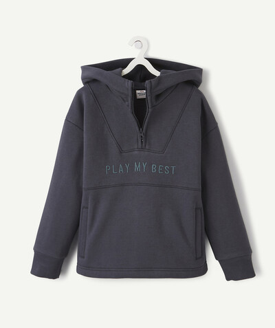 Outlet Tao Categories - GREY HOODED SWEATSHIRT IN ORGANIC COTTON WITH A MESSAGE