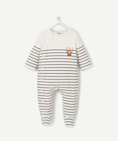 Pyjamas Tao Categories - BABIES' WHITE SLEEPSUIT IN RECYCLED FIBERS VELVET WITH BLUE STRIPES