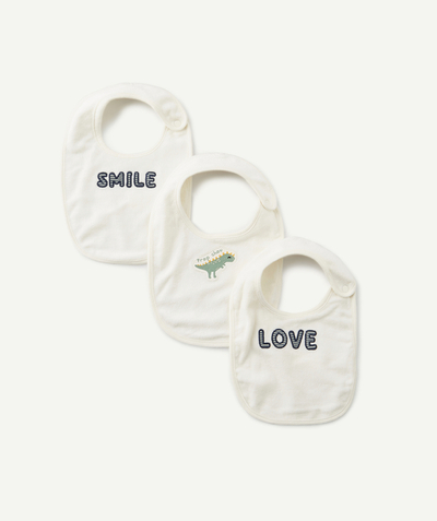 Sales Tao Categories - THREE CREAM TOWELLING BIBS WITH A DESIGN OR A MESSAGE