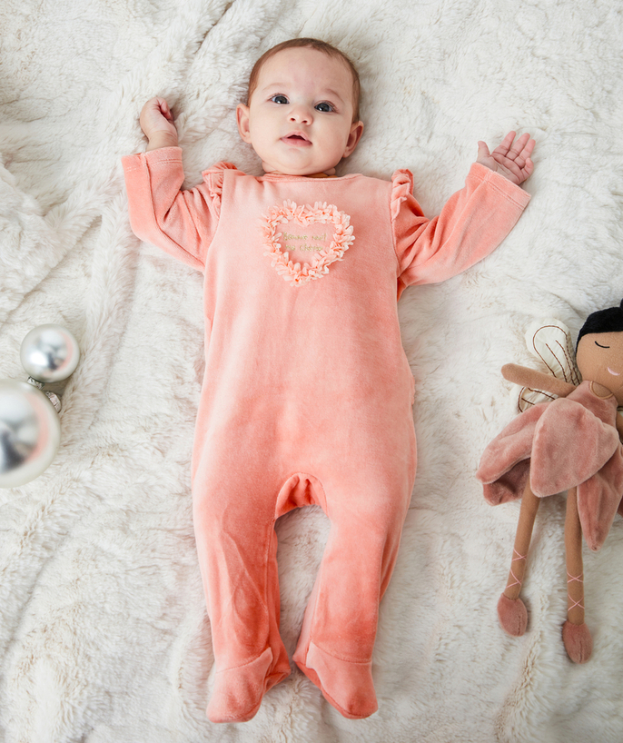 Newborn Tao Categories - PINK SLEEPSUIT IN RECYCLED FIBERS VELVET WITH A HEART