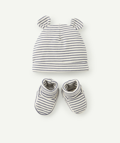 New collection Nouvelle Arbo   C - WHITE HAT AND BOOTIES SET WITH BLUE STRIPES
