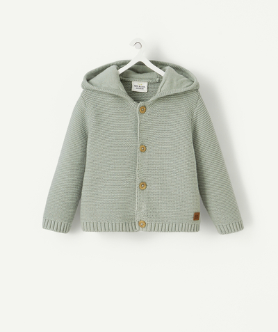 New collection Nouvelle Arbo   C - BABIES' HOODED KNITTED CARDIGAN IN SEA GREEN