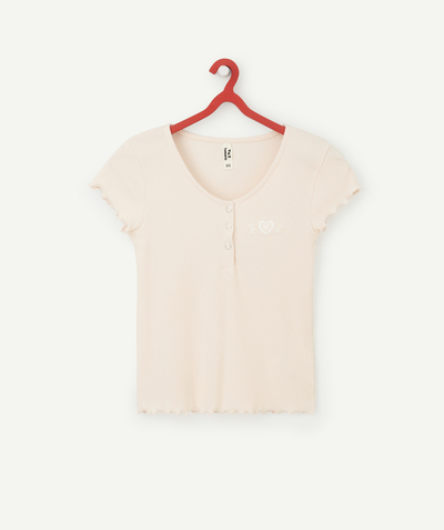 Tiener meisje Tao Categorieën - lichtroze t-shirt voor meisjes in geribd biologisch katoen met ronde drukknoopkraag