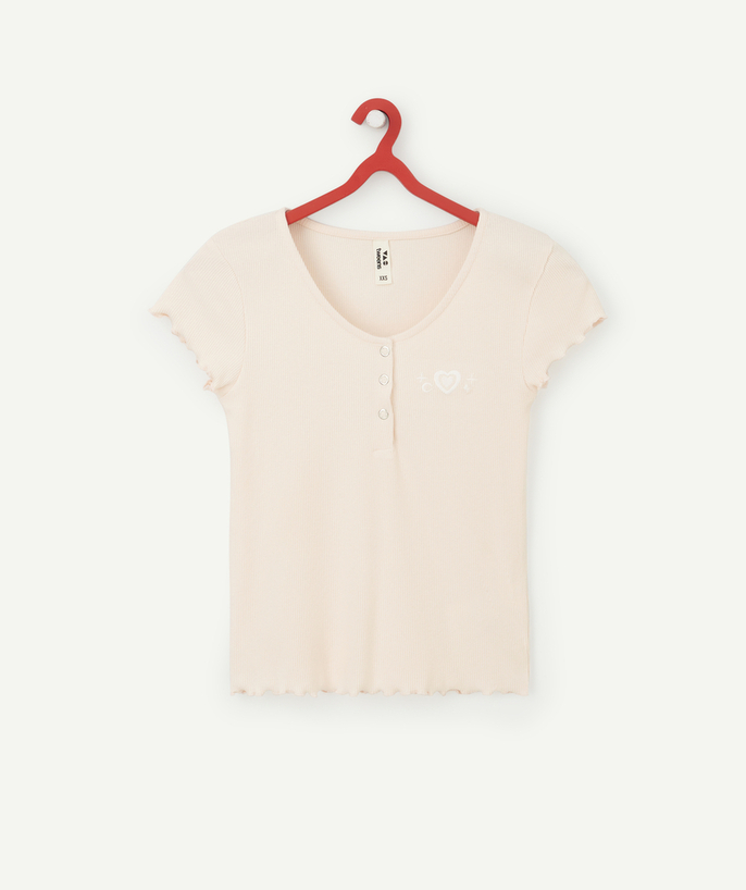 Bons plans Categories Tao - t-shirt fille rose pâle en coton bio côtelé avec col rond pressionné