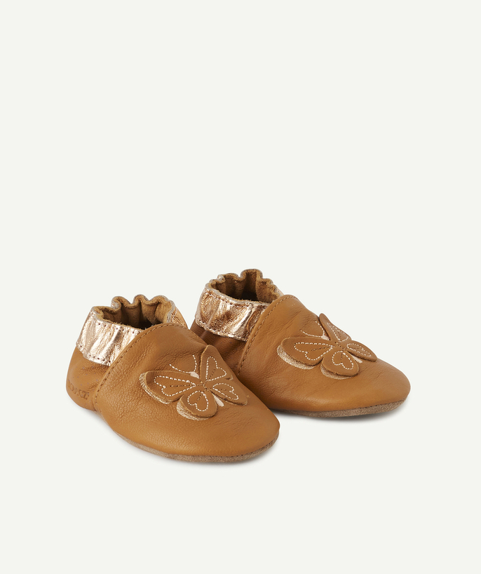 ROBEEZ ® Tao Categories - CAMEL AND GOLD COLOR LEATHER SLIPPERS WITH BUTTERFLIES