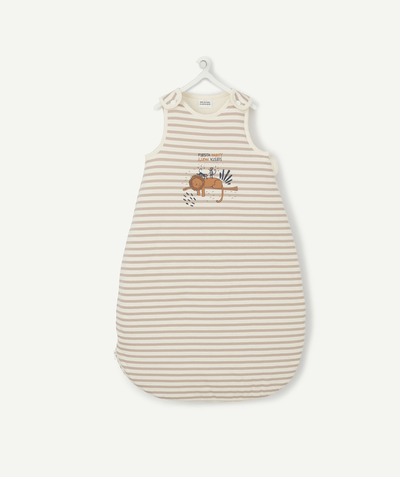 New collection Nouvelle Arbo   C - BEIGE STRIPED BABY SLEEPING BAG IN RECYCLED PADDING WITH A FUN DESIGN