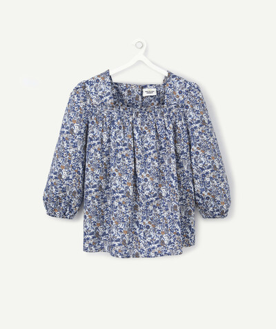 Outlet Tao Categories - BLUE AND FLOWER-PATTERNED SQUARE-NECKED BLOUSE IN COTTON