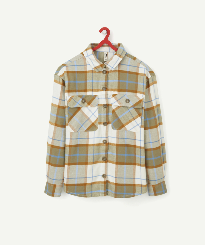 Outlet Tao Categories - BOYS' GREEN AND ORANGE CHECKED SHIRT IN RECYCLED FIBERS