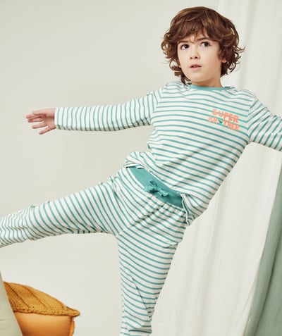 Boy Tao Categories - BOYS' TURQUOISE AND WHITE STRIPED COTTON PYJAMAS WITH A MESSAGE