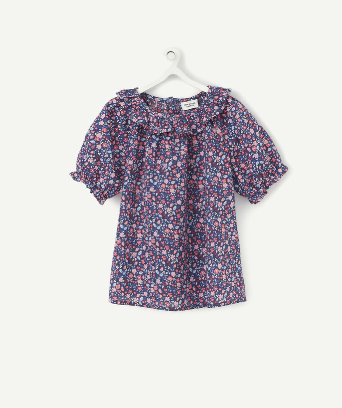 Shirt - Blouse Tao Categories - BLUE AND PINK FLOWER-PATTERNED BLOUSE WITH A FRILLY NECK