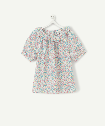 Shirt - Blouse Tao Categories - PINK AND GREEN FLOWER-PATTERNED BLOUSE WITH A FRILLY NECK