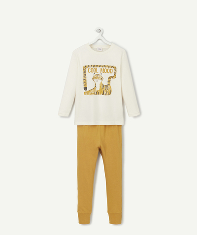 Nightwear Tao Categories - PYJAMAS FOR BOYS IN CREAM AND YELLOW COTTON WITH A TIGER