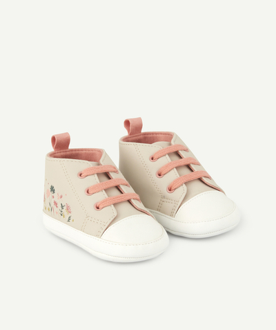Shoes, booties Nouvelle Arbo   C - BABY GIRLS' PALE GREY AND PINK TRAINER-STYLE BOOTIES WITH FLOWERS