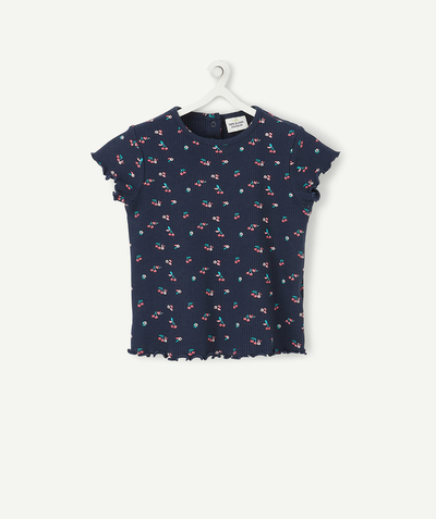 Outlet Tao Categories - BLUE RIBBED T-SHIRT IN ORGANIC COTTON WITH A CHERRY DESIGN