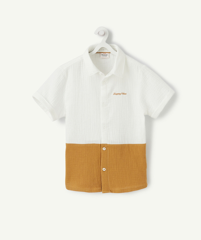 Clothing Tao Categories - WHITE AND CAMEL COTTON SHIRT WITH A MESSAGE