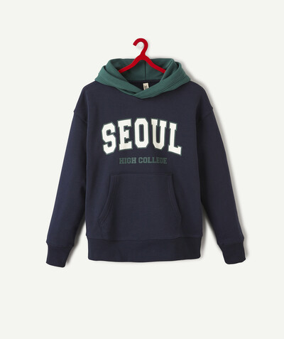 Boy Nouvelle Arbo   C - NAVY BLUE AND GREEN HOODED SWEATSHIRT WITH A MESSAGE