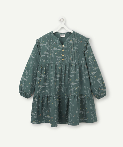 Dress Tao Categories - GIRLS' DRESS IN DARK GREEN COTTON WITH BIRDS AND WAVES