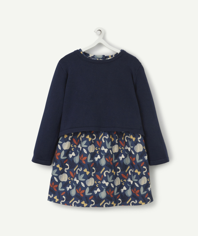 Outlet Tao Categories - BABY GIRLS' NAVY BLUE PRINTED DRESS IN TWO MATERIALS