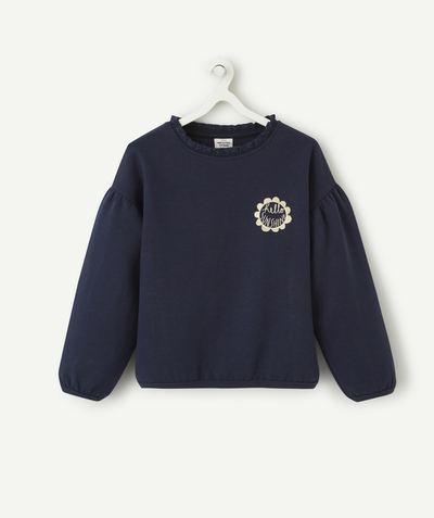 Bons plans Nouvelle Arbo   C - GIRLS' NAVY BLUE SWEATSHIRT WITH A RUFFLED COLLAR AND AN EMBROIDERED MESSAGE