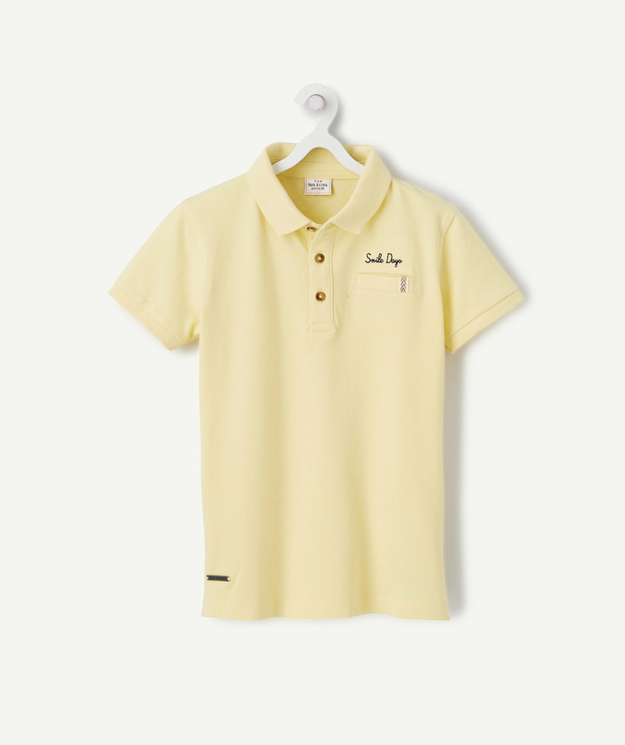 Shirt - Polo Tao Categories - BOYS' POLO SHIRT IN YELLOW ORGANIC COTTON WITH A MESSAGE