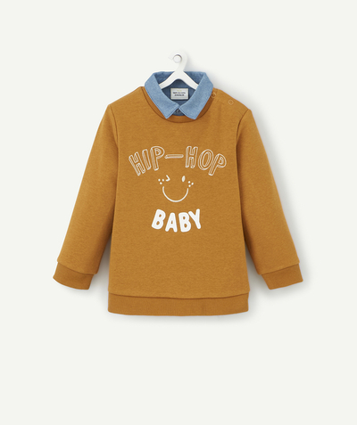 New collection Nouvelle Arbo   C - BABY BOYS' OCHRE HIP-HOP SWEATSHIRT IN RECYCLED FIBRES WITH A SHIRT COLLAR