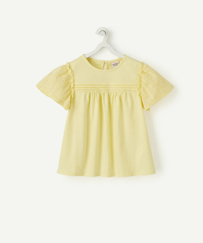 Outlet Tao Categories - GIRLS' T-SHIRT IN YELLOW COTTON WITH BRODERIE ANGLAIS