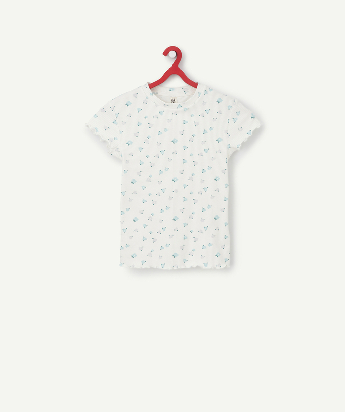 Outlet Tao Categories - GIRLS' RIBBED T-SHIRT IN WHITE ORGANIC COTTON WITH A FLORAL PRINT