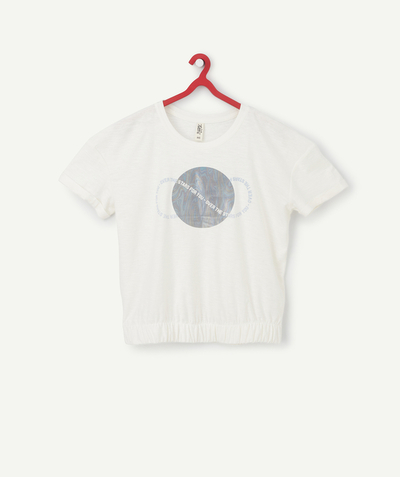 TEE SHIRT family - GIRLS' T-SHIRT IN WHITE ORGANIC COTTON WITH A SHINY PLANET
