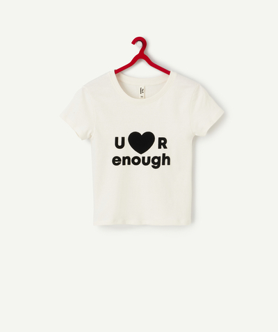 Basics family - GIRLS' T-SHIRT IN WHITE RECYCLED FIBERS WITH A FELT MESSAGE