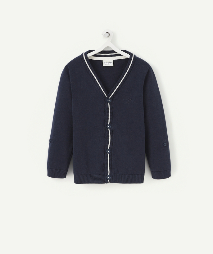 Cardigan Tao Categories - BABY BOYS' CARDIGAN IN NAVY BLUE COTTON WITH WHITE DETAILS