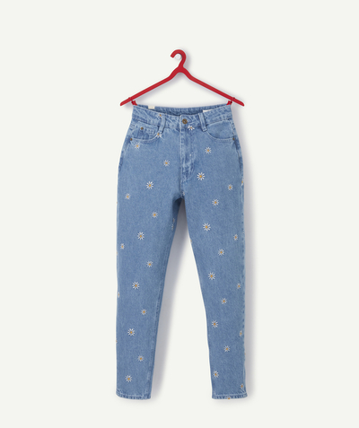 Trousers - Jeans Nouvelle Arbo   C - GIRLS' MOM JEANS IN LESS IMPACT BLUE DENIM WITH EMBROIDERED FLOWERS