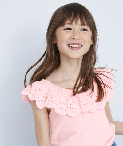 Girl Nouvelle Arbo   C - PINK T-SHIRT IN ORGANIC COTTON WITH A BRODERIE ANGLAIS,