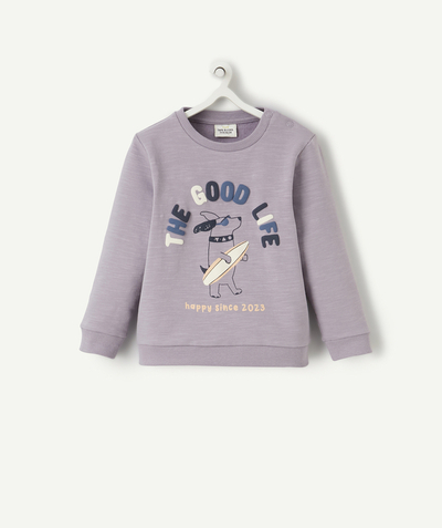 Baby boy Nouvelle Arbo   C - BOYS' VIOLET ORGANIC COTTON SWEATSHIRT WITH A MESSAGE AND A DOG